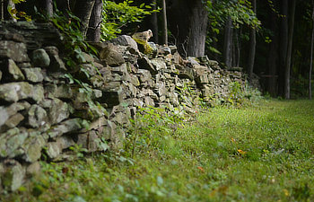 stacked field stone wall with trees and grass, 